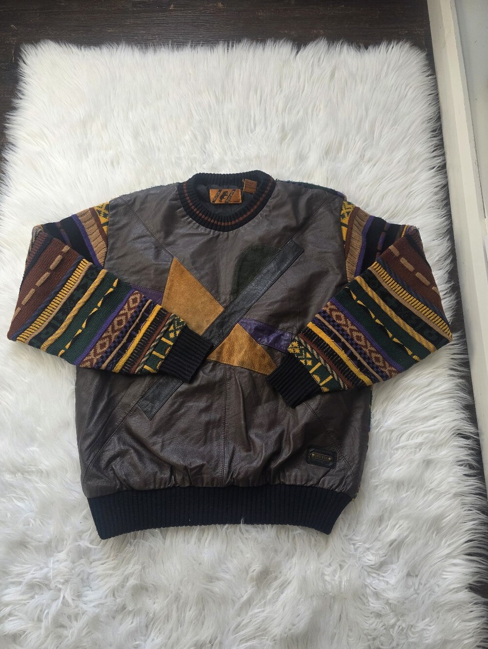 Vintage Brown Leather Bomber Jacket with Green Suede Accents